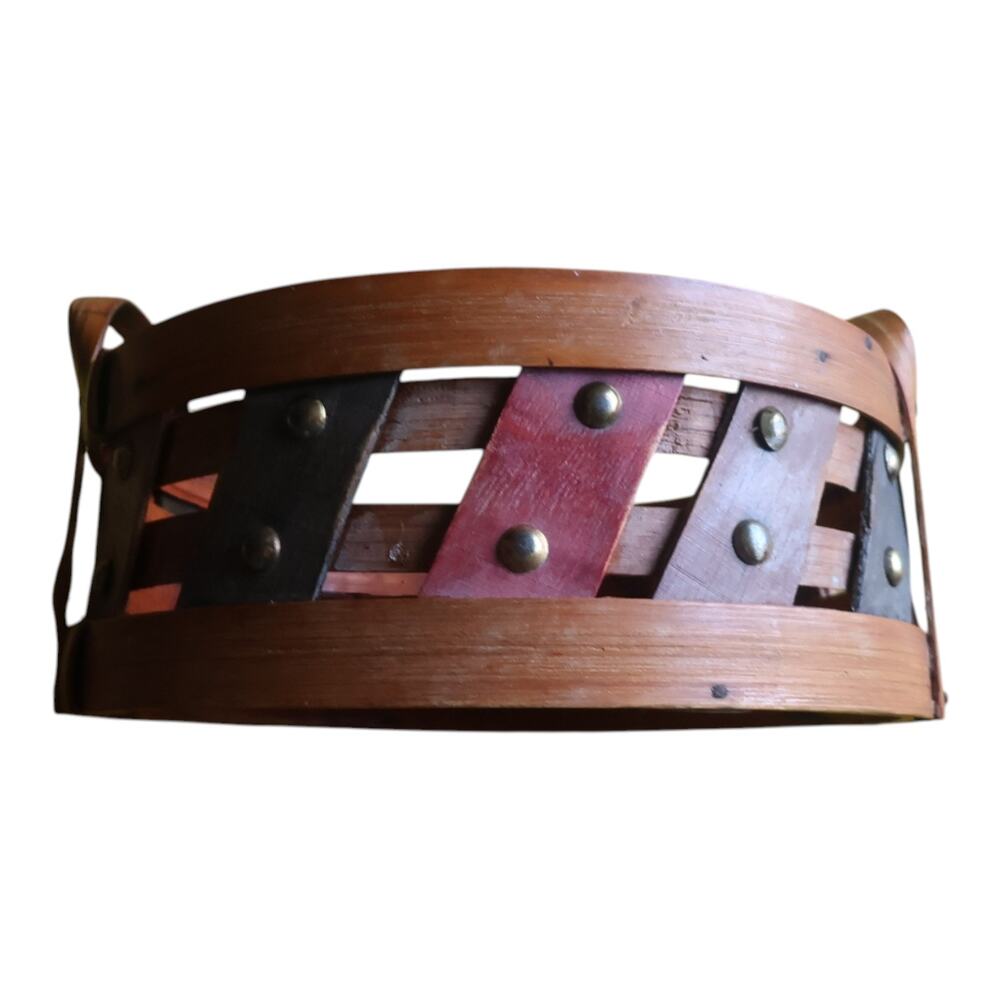 Vintage Red Wood Basket Studded Woven Accent Handles Rustic Boho 7" - Picture 2 of 8